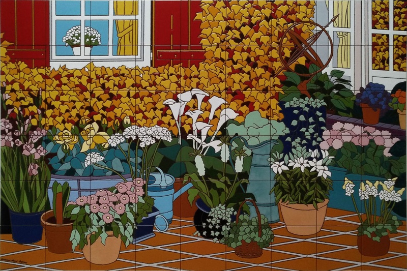 Mural azulejos flores patio macetas