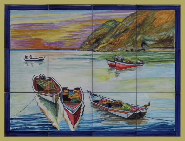mural de ceramica pintado a mano barcas