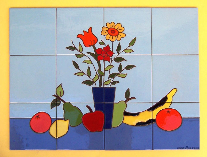 mural azulejos ceramica flores y frutas